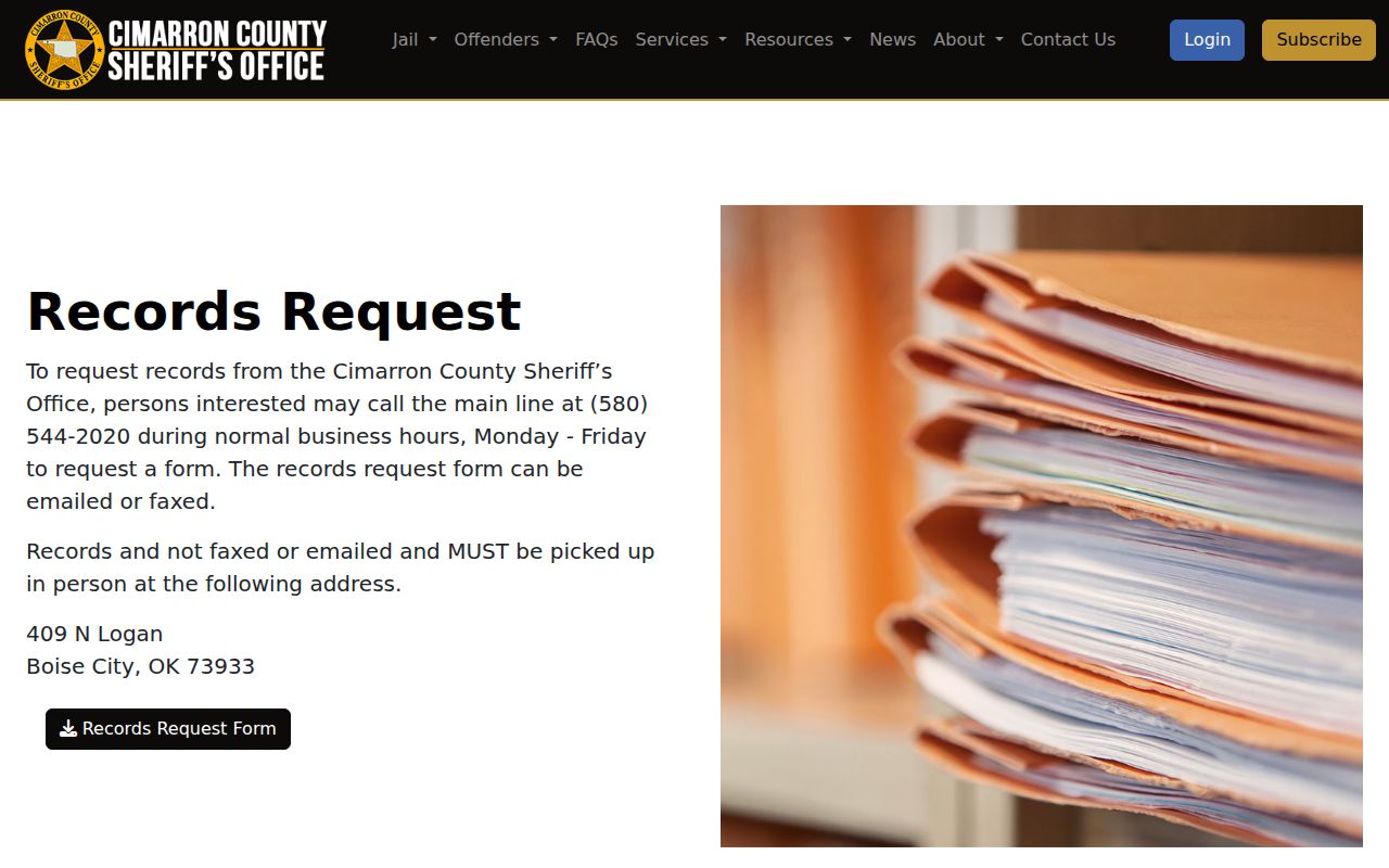 Cimarron County Jail booking-record request procedure