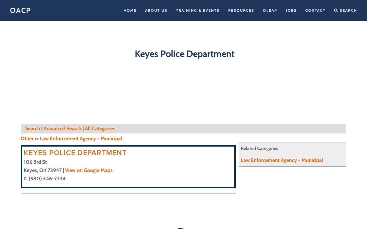 Cimarron County Keyes Police Department records contact listing