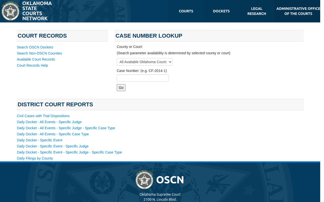 Oklahoma State Courts Network search for Cimarron County arrest dispositions
